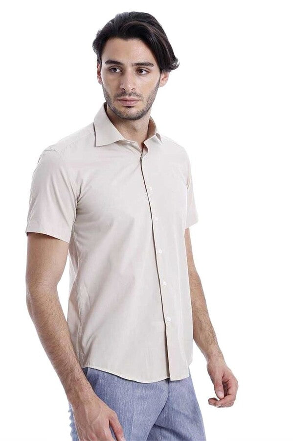 WSS Short Sleeves Poly Cotton Slim Fit Cream Men Shirt  - Oakley