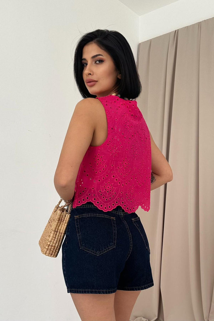 ELS Zero Sleeve Embroidered Blouse - Fuchsia - Suresnes
