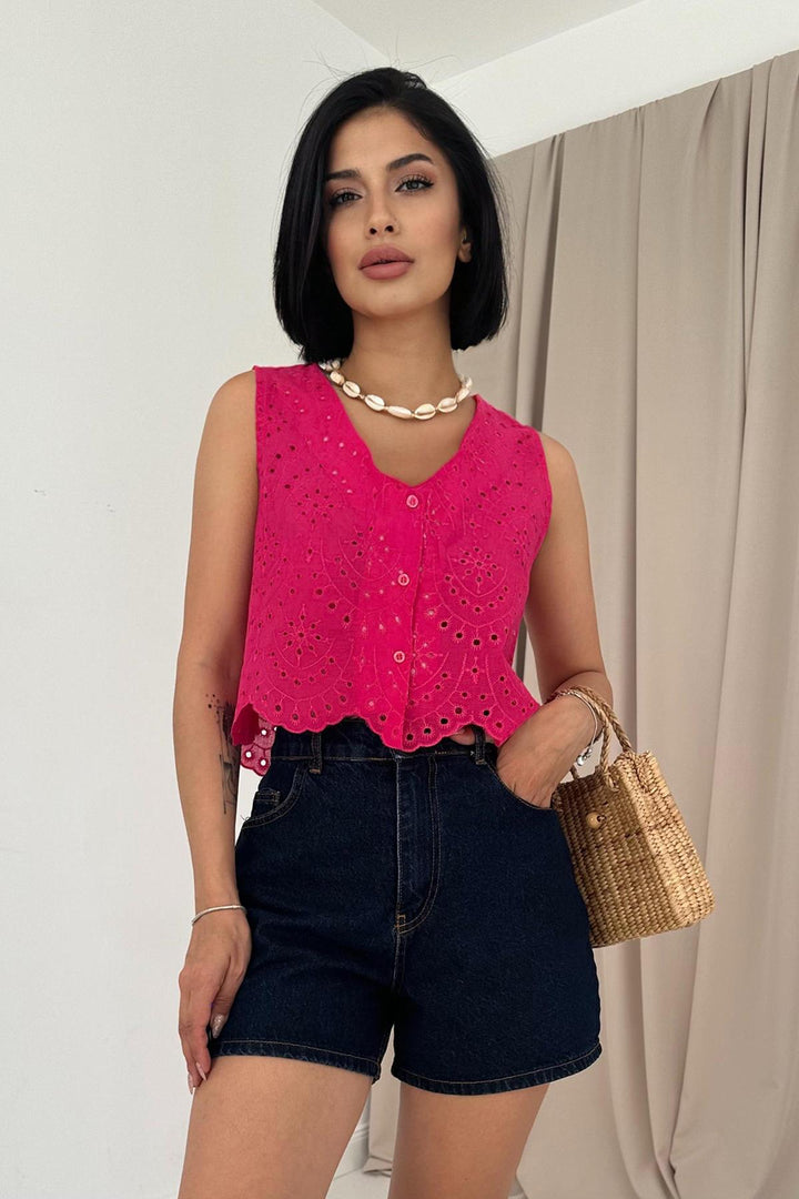 ELS Zero Sleeve Embroidered Blouse - Fuchsia - Suresnes