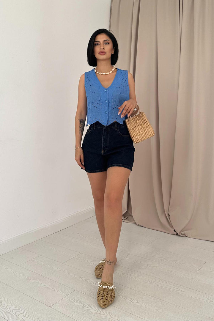 ELS Zero Sleeve Embroidered Blouse - Blue - Godalming