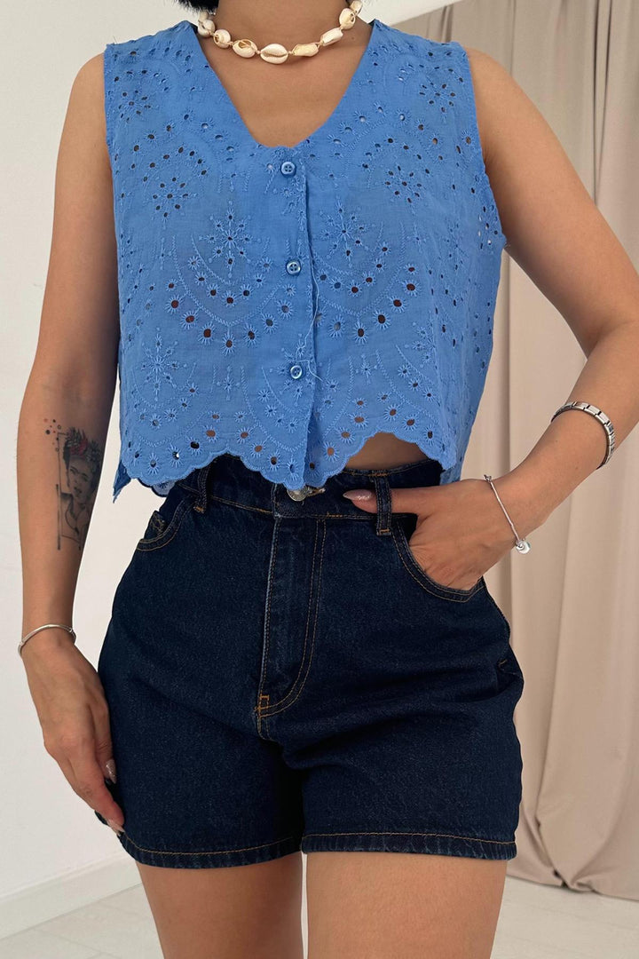 ELS Zero Sleeve Embroidered Blouse - Blue - Godalming