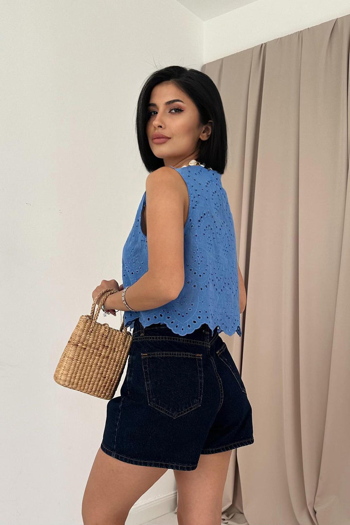 ELS Zero Sleeve Embroidered Blouse - Blue - Godalming