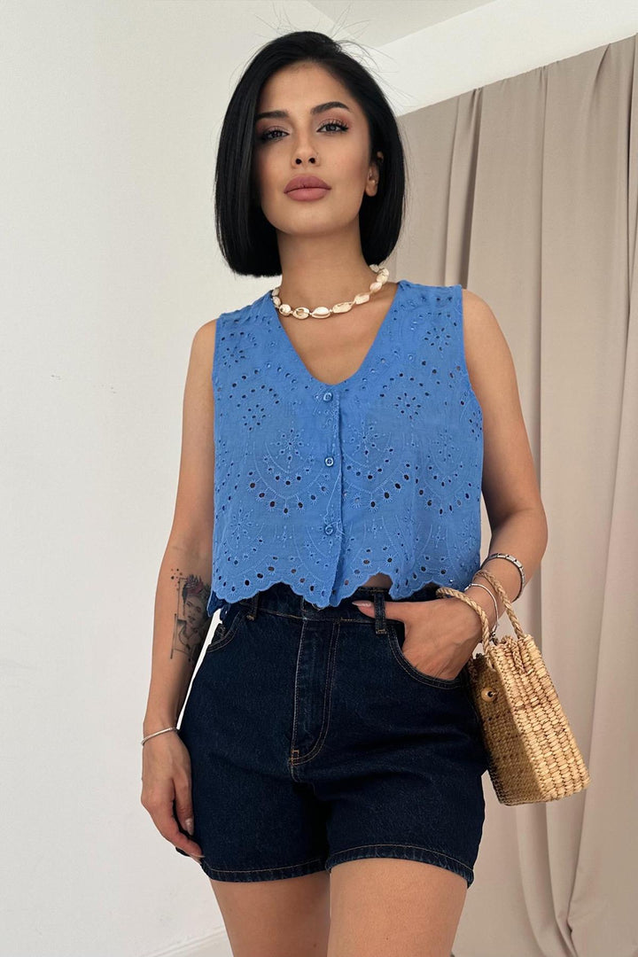 ELS Zero Sleeve Embroidered Blouse - Blue - Godalming