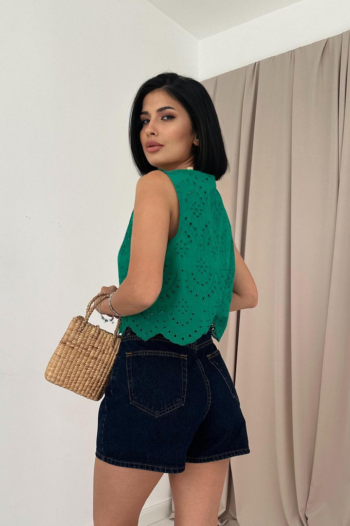 ELS Zero Sleeve Embroidered Blouse - Green - Tulare