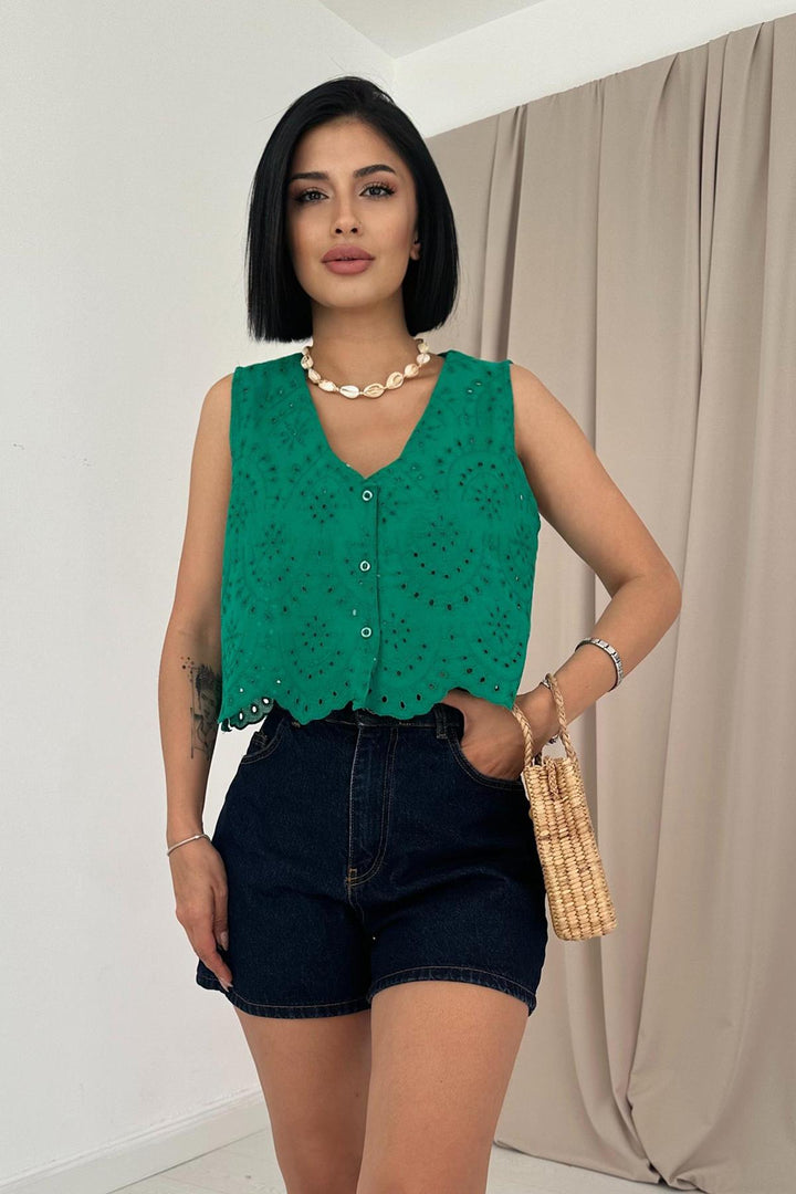 ELS Zero Sleeve Embroidered Blouse - Green - Tulare