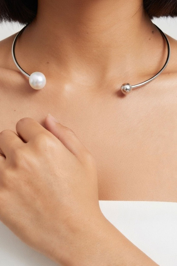 Silver İnci Detaylı Tasma Choker Kolye - Lakeville