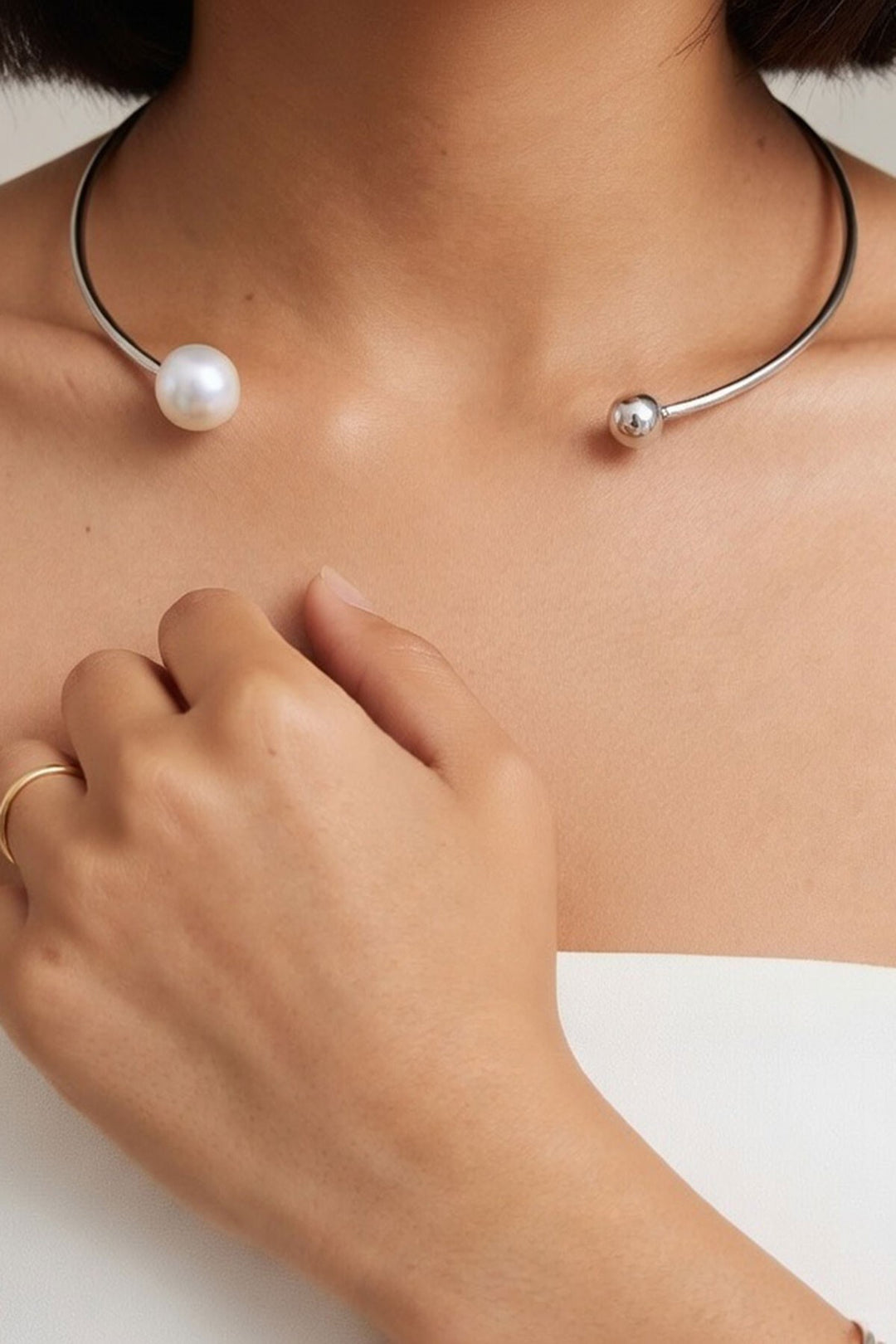 Silver İnci Detaylı Tasma Choker Kolye - Lakeville
