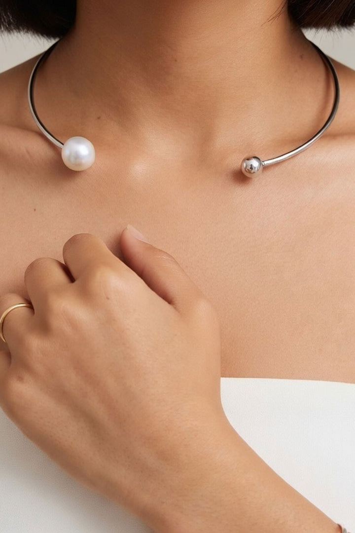 Silver İnci Detaylı Tasma Choker Kolye - Lakeville