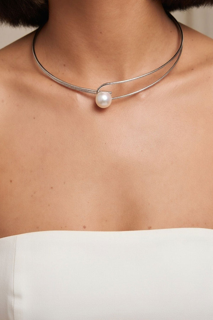 Silver İnci Detaylı Tasma Choker Kolye - Konstanz