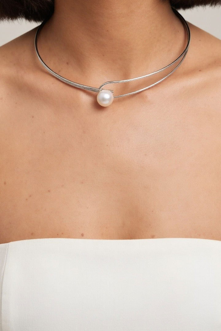 Silver İnci Detaylı Tasma Choker Kolye - Konstanz