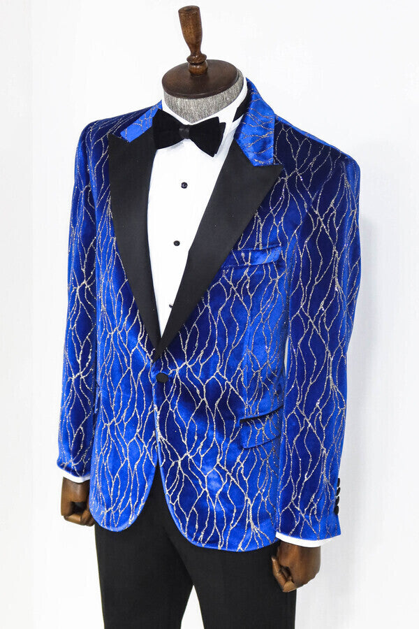 WSS Silver Patterned Blue Men Prom Blazer  - Istog