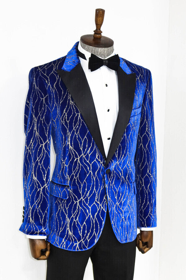 WSS Silver Patterned Blue Men Prom Blazer  - Istog