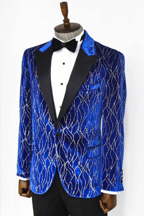 WSS Silver Patterned Blue Men Prom Blazer  - Istog