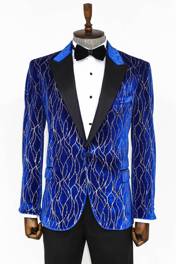 WSS Silver Patterned Blue Men Prom Blazer  - Istog
