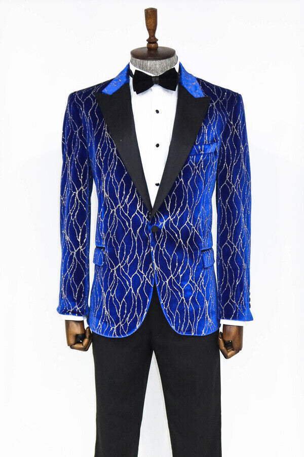 WSS Silver Patterned Blue Men Prom Blazer  - Istog