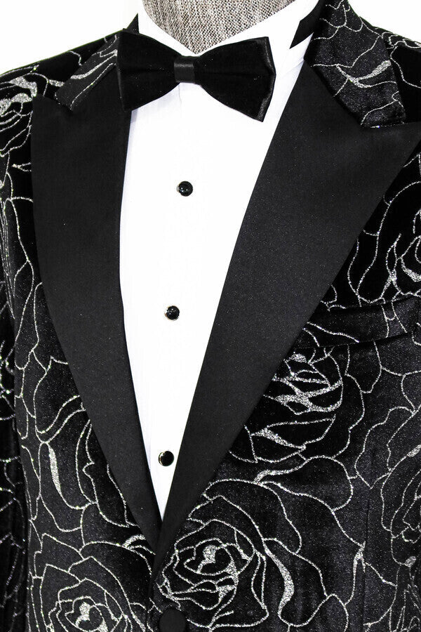 WSS Silver Rose Patterned Over Black Men Prom Blazer  - Bellingham