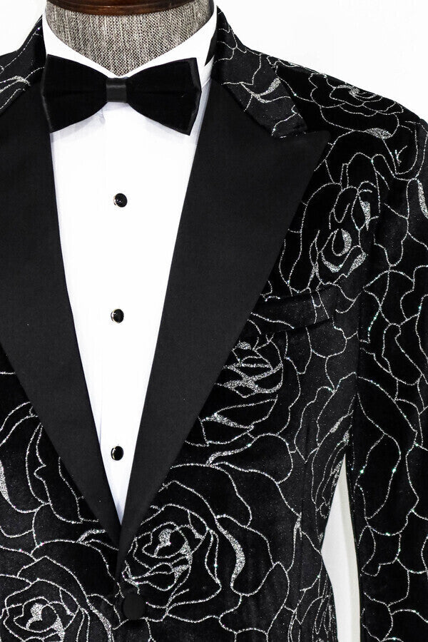 WSS Silver Rose Patterned Over Black Men Prom Blazer  - Bellingham