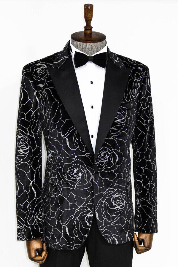 WSS Silver Rose Patterned Over Black Men Prom Blazer  - Bellingham