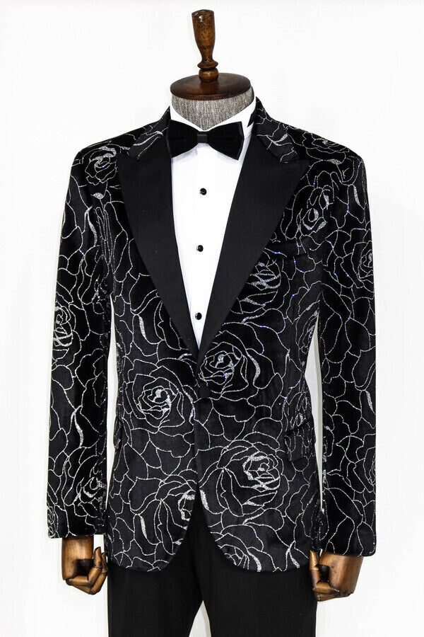 WSS Silver Rose Patterned Over Black Men Prom Blazer  - Bellingham