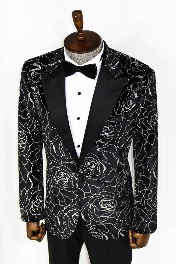 WSS Silver Rose Patterned Over Black Men Prom Blazer  - Bellingham