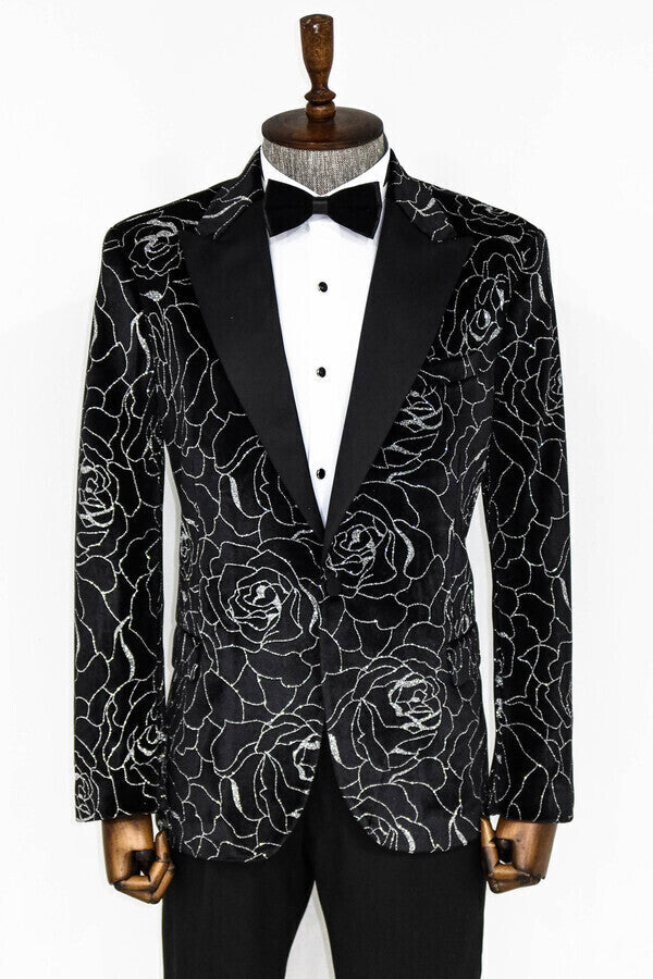 WSS Silver Rose Patterned Over Black Men Prom Blazer  - Bellingham