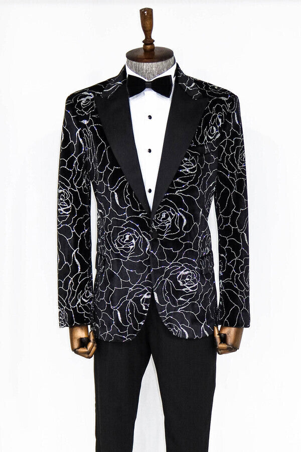 WSS Silver Rose Patterned Over Black Men Prom Blazer  - Bellingham