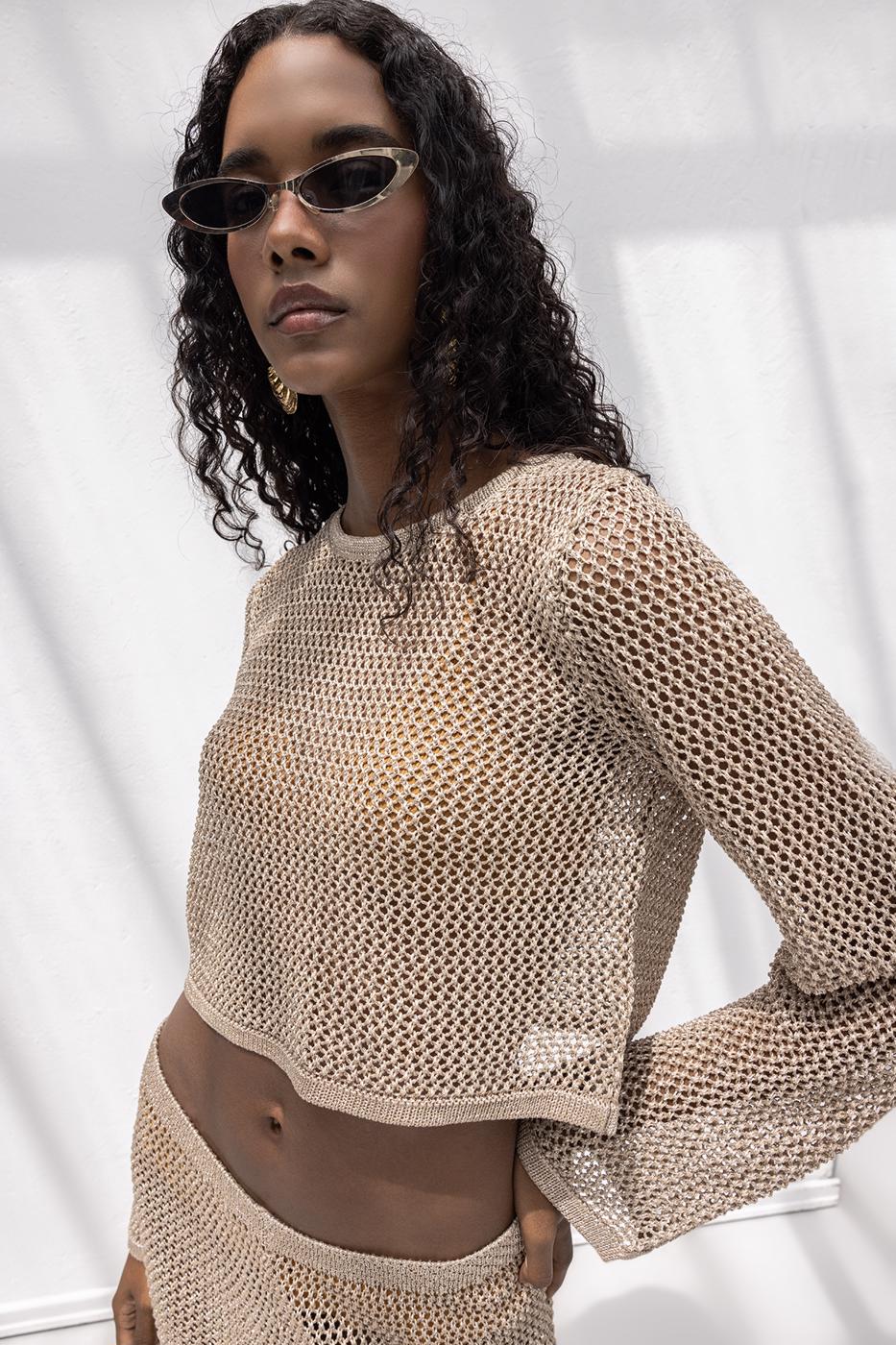 BSL Women Glittery Crop Beach Knit Blouse - Hacienda Heights
