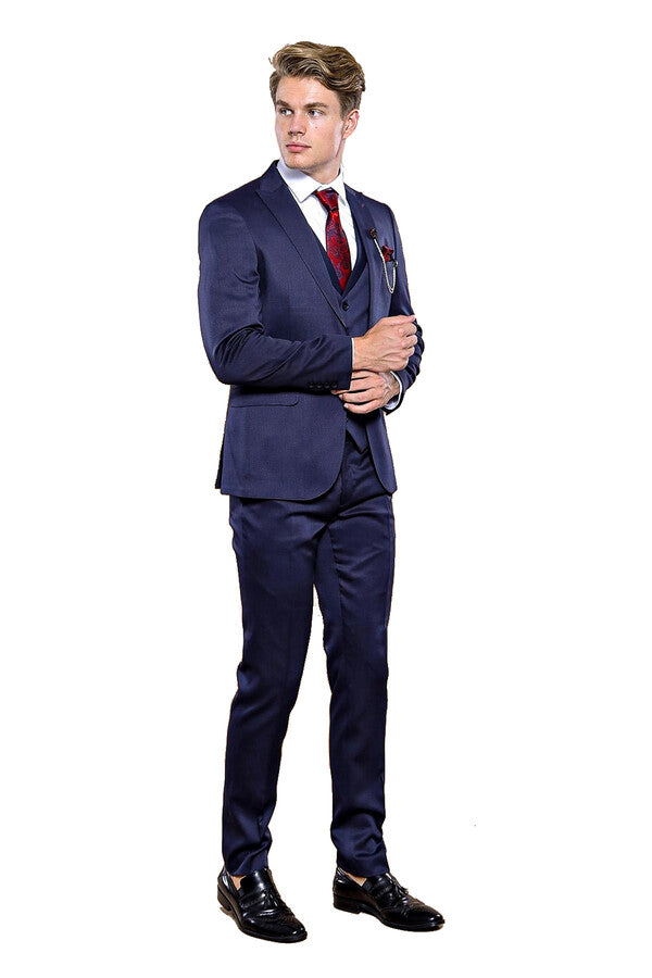 WSS Single Button Dark Blue Vested Suit  - Leyland