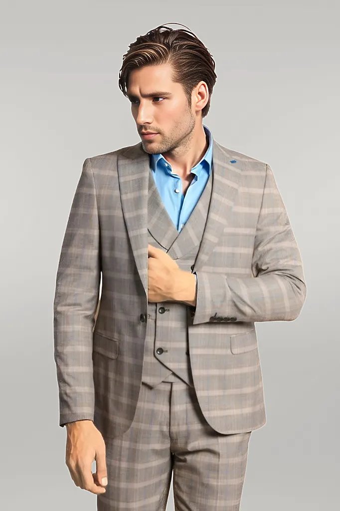 WSS Single Button Peak Lapel 3-Piece Suit in Beige - Singen
