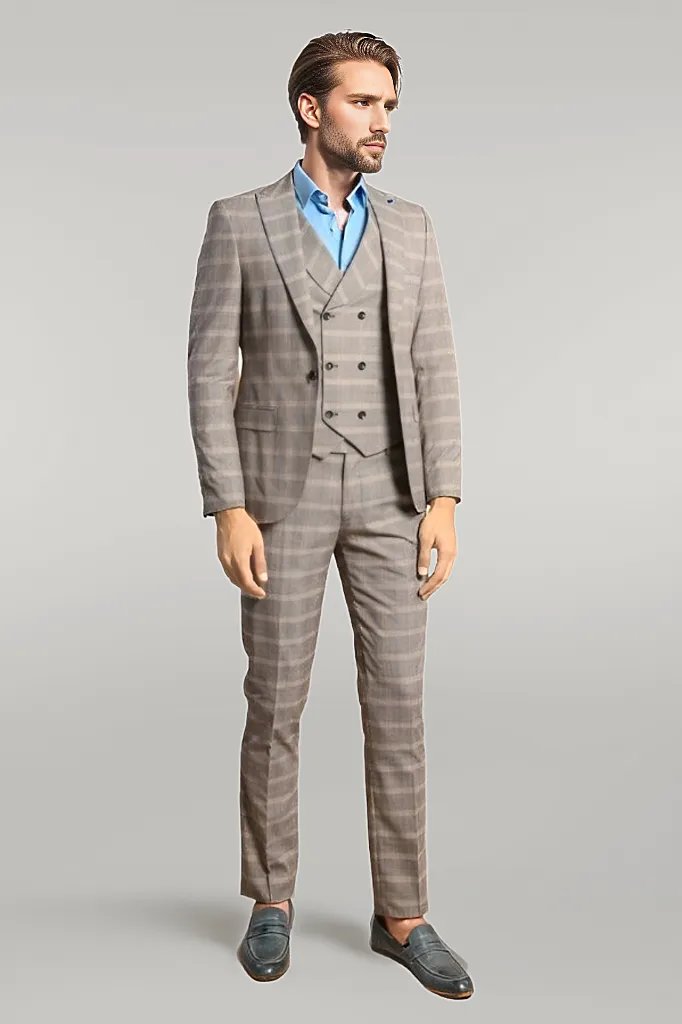 WSS Single Button Peak Lapel 3-Piece Suit in Beige - Singen