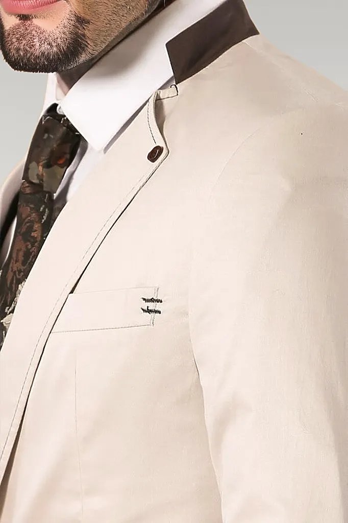 WSS Single Button Standing Collar Cream Men Blazer  - Singen