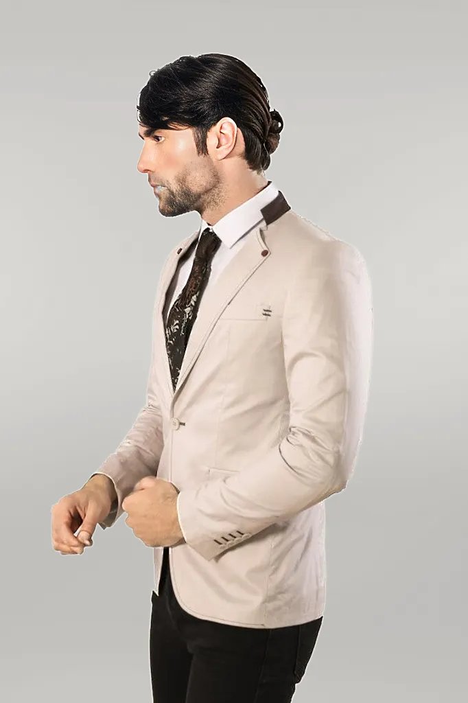 WSS Single Button Standing Collar Cream Men Blazer  - Singen