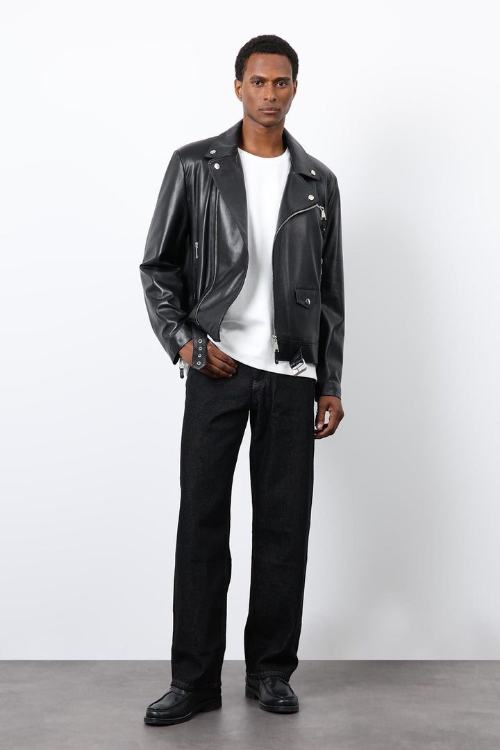 ANT Antioch Siyah 100% Deri Biker Ceket - Petaluma