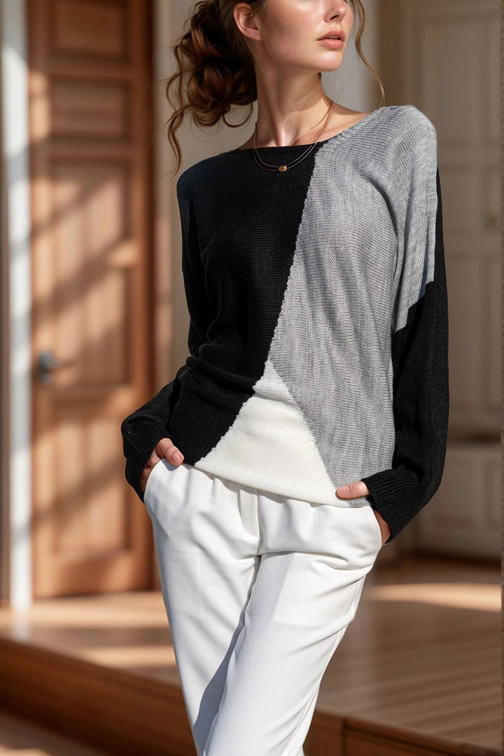 Black 3-Block Boat Neck Sweater Blouse BCBSK-25700-K5924 - Kingston upon Hull