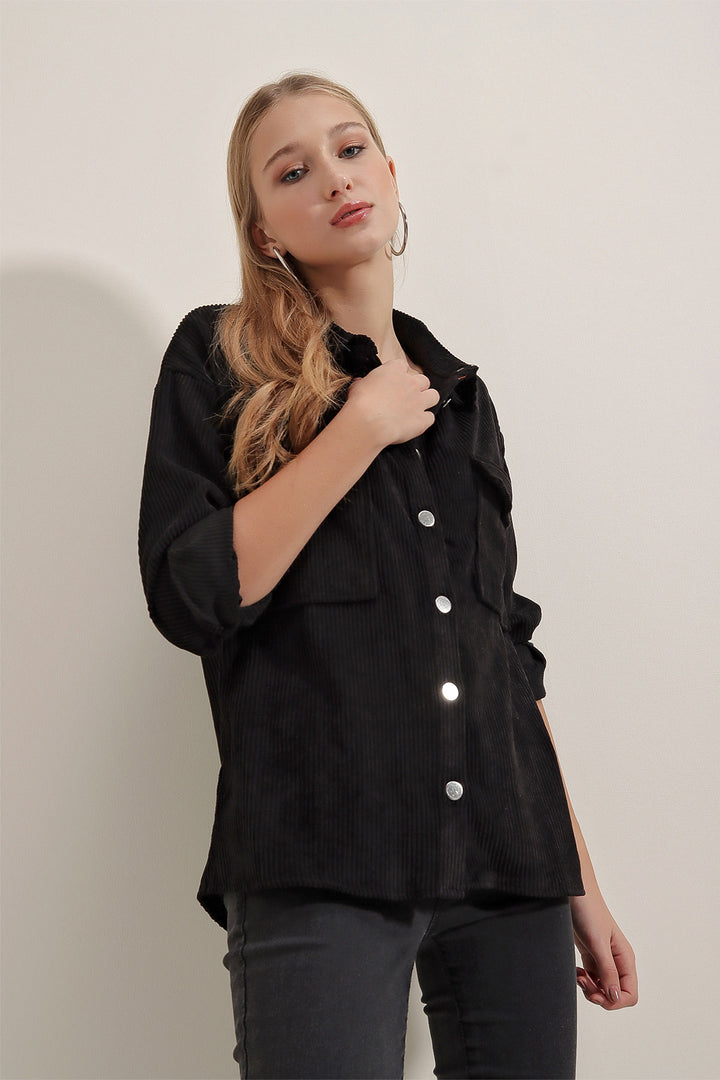 BGD Women Striped Velvet Shirt - Black - Ravenna