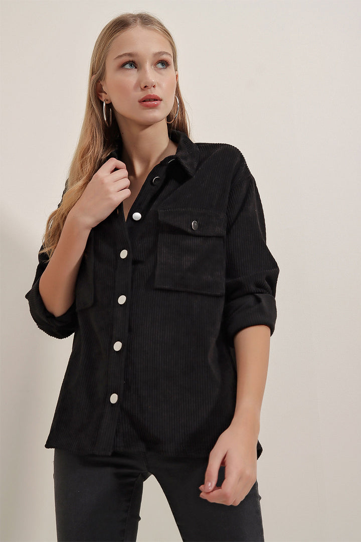 BGD Women Striped Velvet Shirt - Black - Ravenna