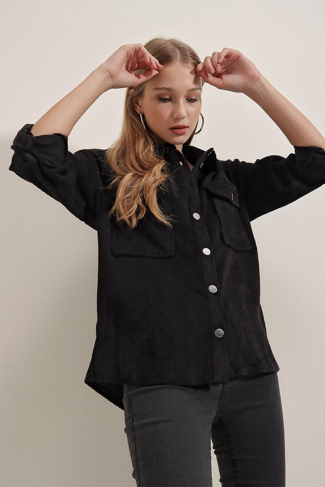 BGD Women Striped Velvet Shirt - Black - Ravenna