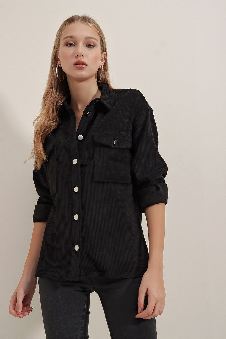 BGD Women Striped Velvet Shirt - Black - Ravenna