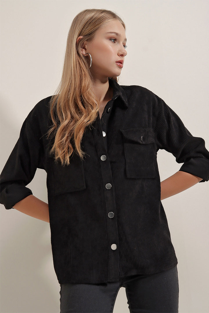 BGD Women Striped Velvet Shirt - Black - Ravenna