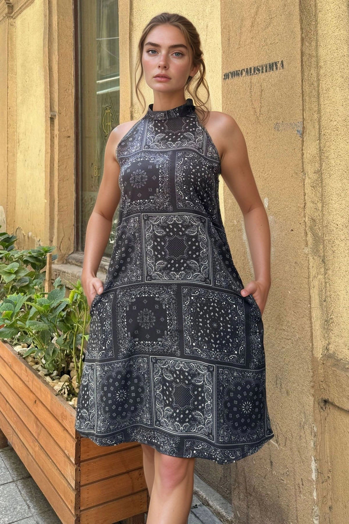Black A-Cut Ethnic Patterned Satin Dress with Pockets BCBSK-25700-3238 - Rovereto