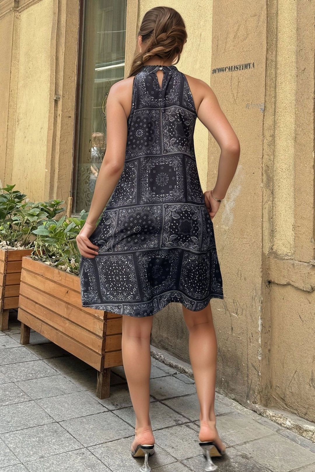 Black A-Cut Ethnic Patterned Satin Dress with Pockets BCBSK-25700-3238 - Rovereto
