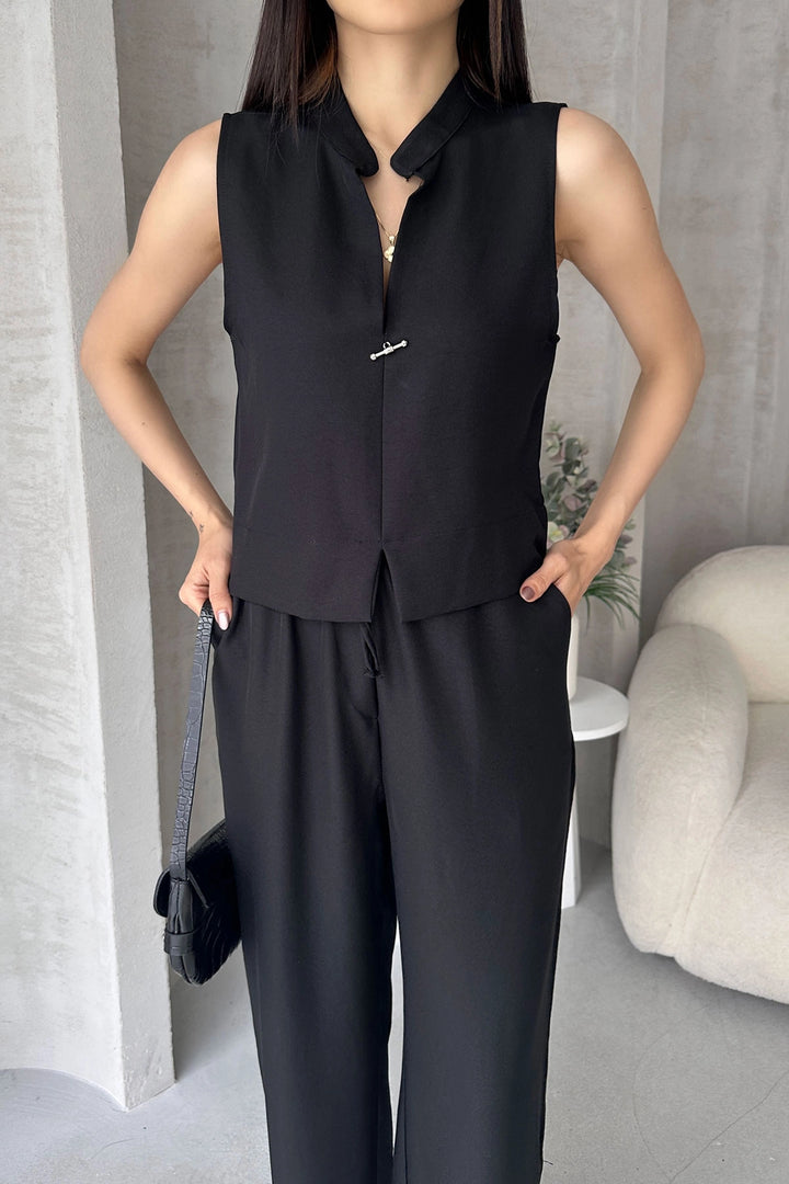 Black Aerobin Linen Dominant Collar Accessorized Blouse and Pants Set BCDF-25S1008 - North Bay
