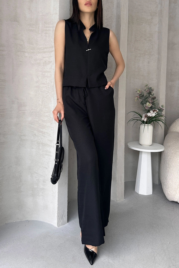 Black Aerobin Linen Dominant Collar Accessorized Blouse and Pants Set BCDF-25S1008 - North Bay