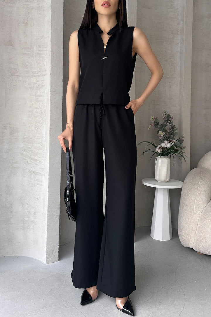 Black Aerobin Linen Dominant Collar Accessorized Blouse and Pants Set BCDF-25S1008 - North Bay
