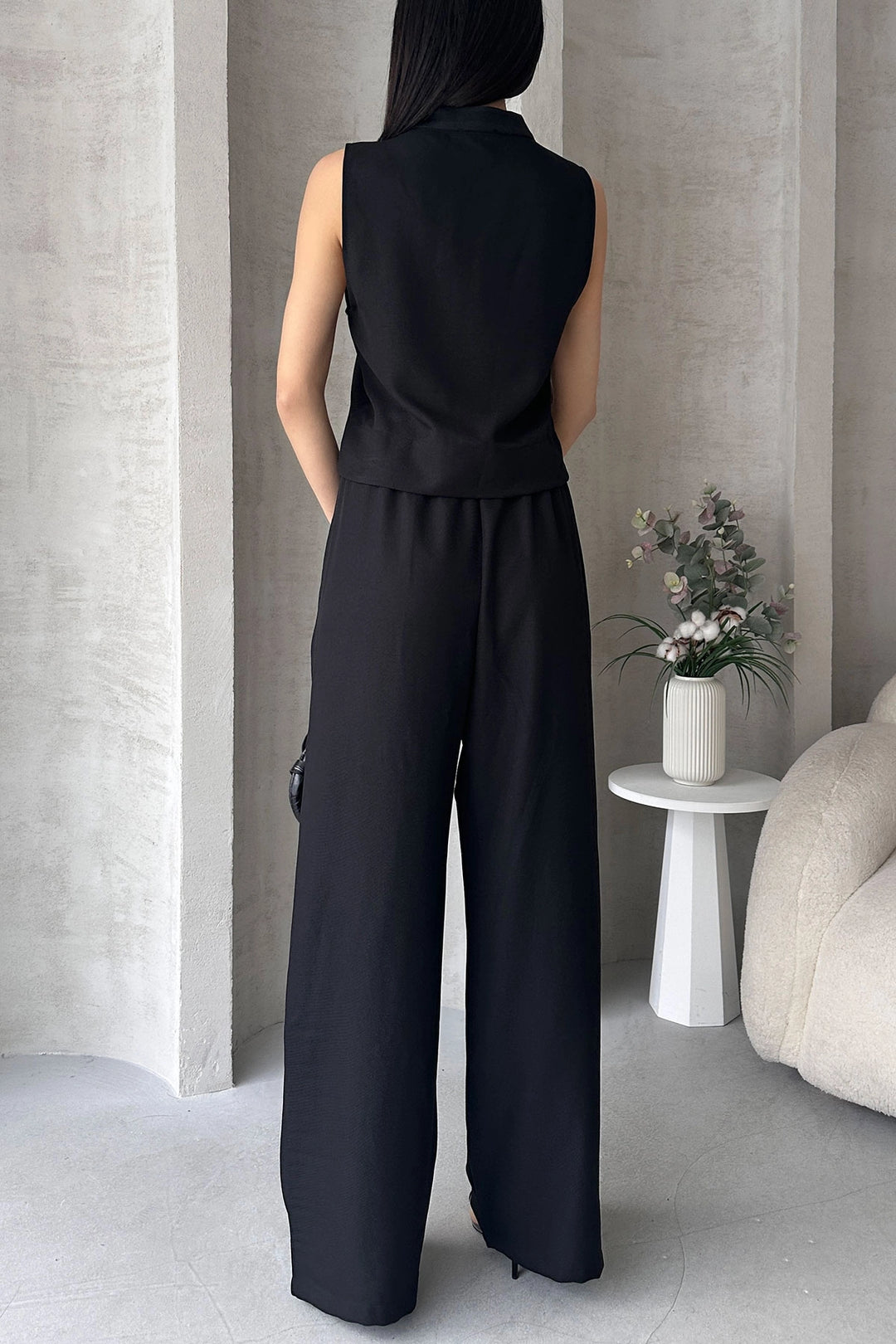 Black Aerobin Linen Dominant Collar Accessorized Blouse and Pants Set BCDF-25S1008 - North Bay