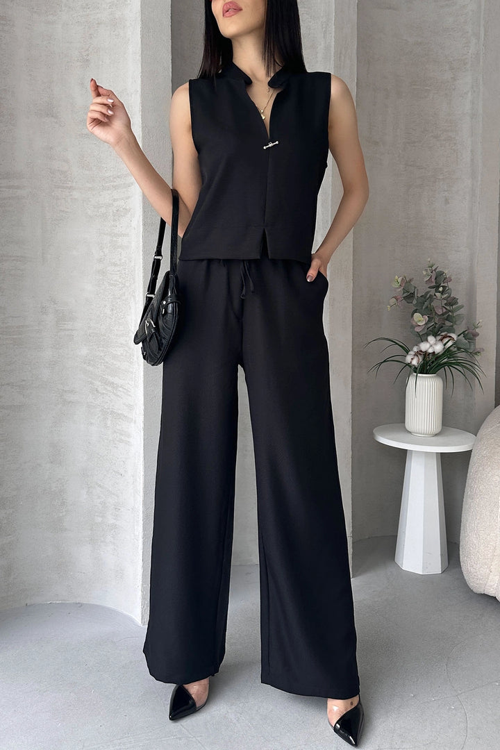 Black Aerobin Linen Dominant Collar Accessorized Blouse and Pants Set BCDF-25S1008 - North Bay