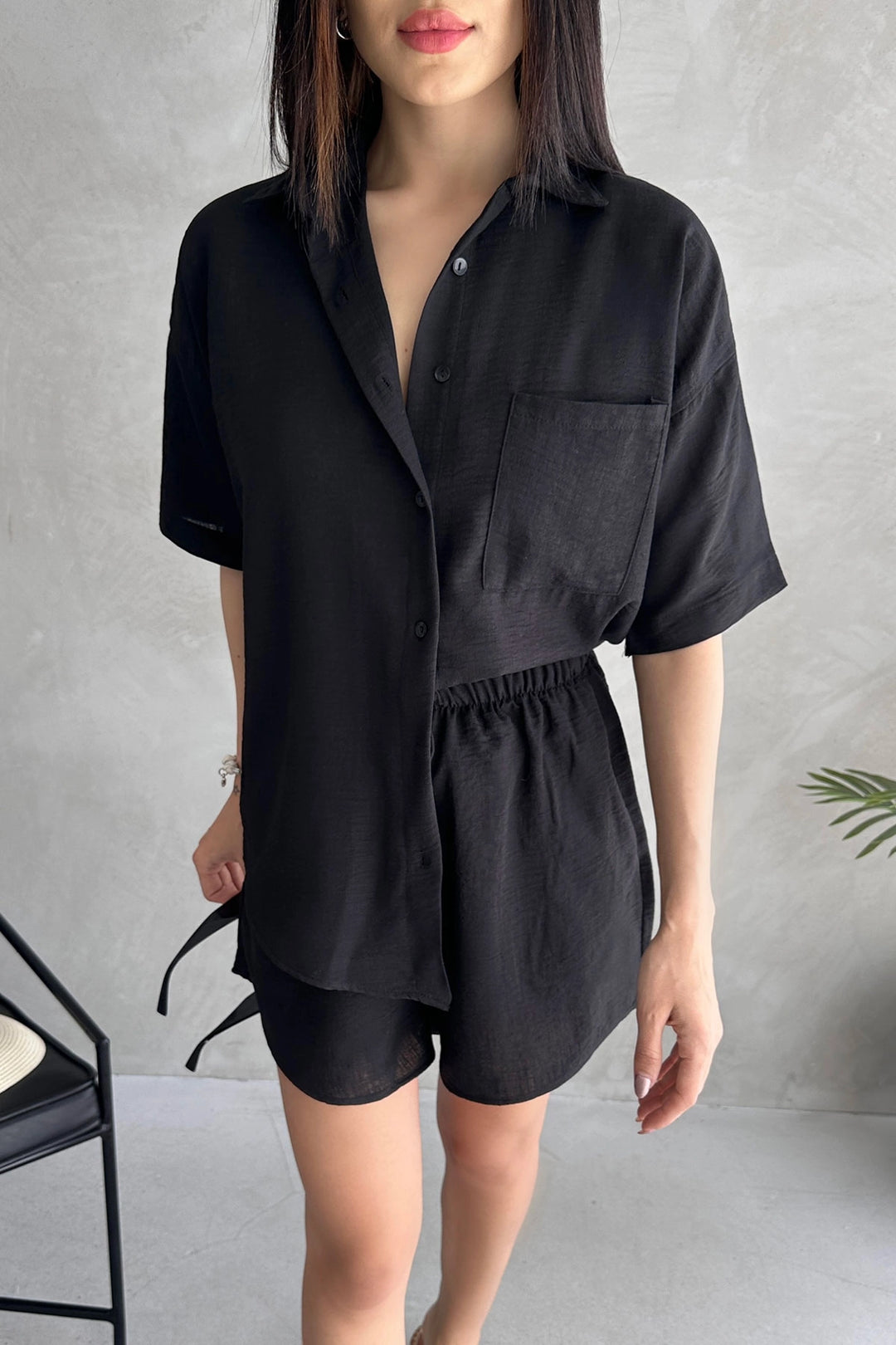 Black Aerobin Linen Short Sleeve T-shirt and Shorts Set BCDF-253608 - Pinneberg