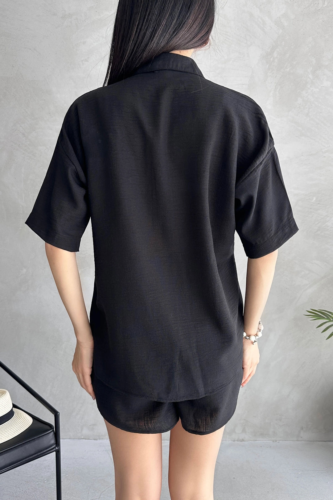 Black Aerobin Linen Short Sleeve T-shirt and Shorts Set BCDF-253608 - Pinneberg