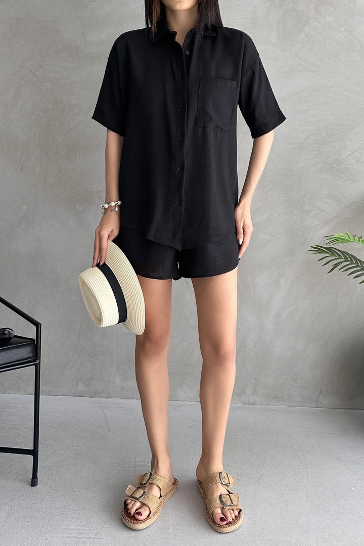 Black Aerobin Linen Short Sleeve T-shirt and Shorts Set BCDF-253608 - Pinneberg