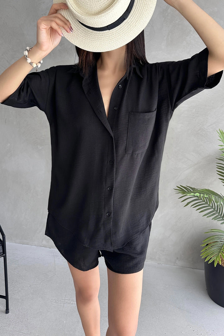 Black Aerobin Linen Short Sleeve T-shirt and Shorts Set BCDF-253608 - Pinneberg